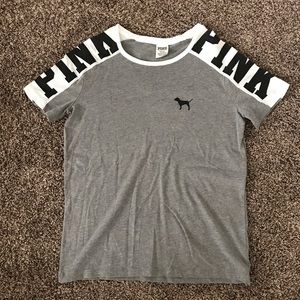 PINK gray and white dog logo shirt